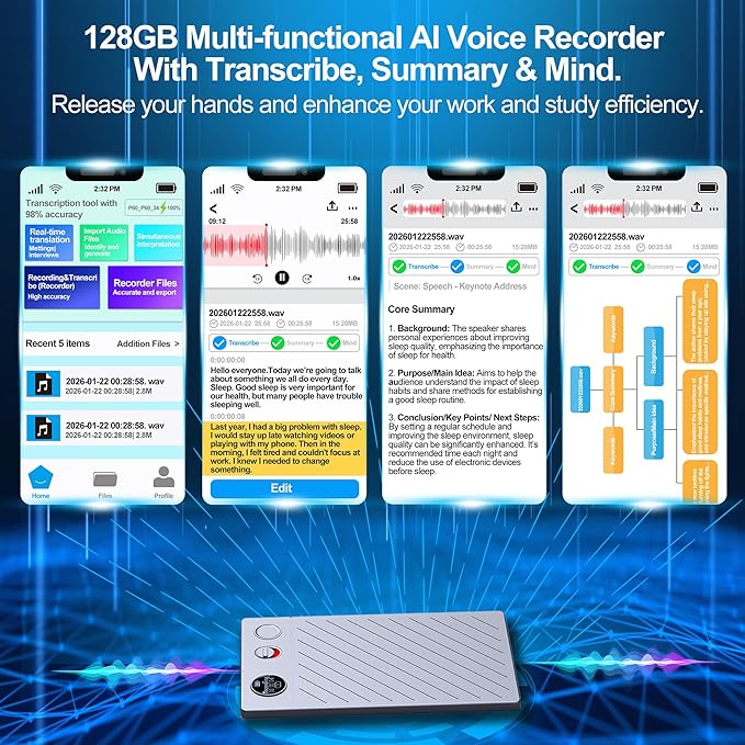 2026 Upgraded 128GB(9860 Hours) AI Voice Recorder with APP Control, Transcribe & Summarize, Note Voice Recorder Support DSP Noise Cancellation, Audio Recorder for Lectures, Meetings, Calls, Grey
