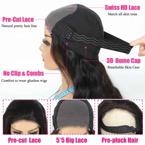 Uveous Wear and Go Glueless Wigs Human Hair Pre Cut HD Lace 5X5 Body Wave Lace Wigs Human Hair Pre Plucked 180% Density 3 Seconds to Wear Glueless Wigs for Beginners 28 Inch, Black