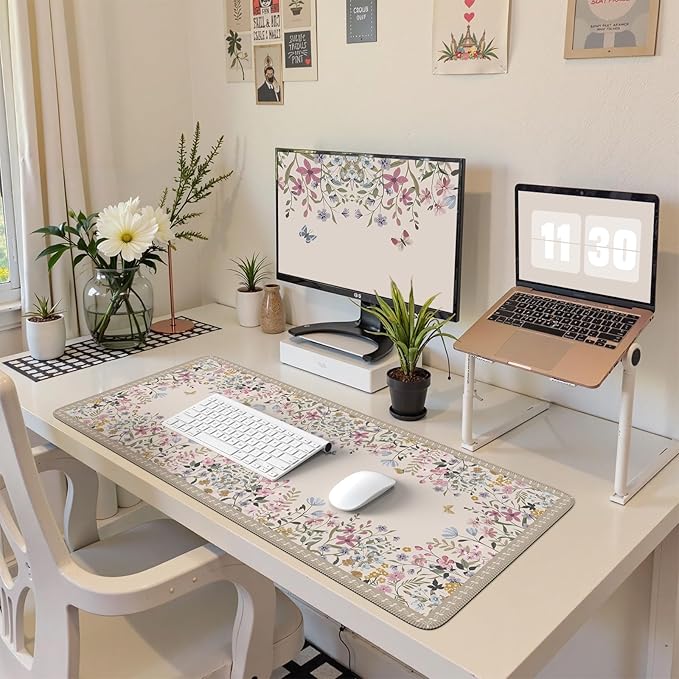 HAOCOO Beige Desk Matt for Desktop, Desk Mat for Keyboard and Mouse, Floral Keyboard Mat with Edge Stitching, Non-Slip Large Mouse Pad for Desk for Gaming,Women Office