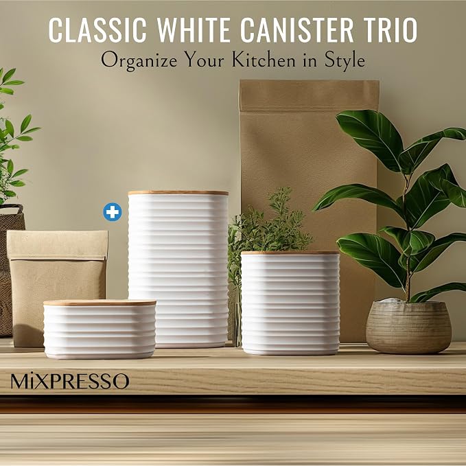 Mixpresso White Canisters Sets for the Kitchen – 3-Piece Airtight Plastic Sugar Container Set with Bamboo Lids in Three Different Sizes – Decorative Modern Storage Jars for Coffee, Tea & Countertops