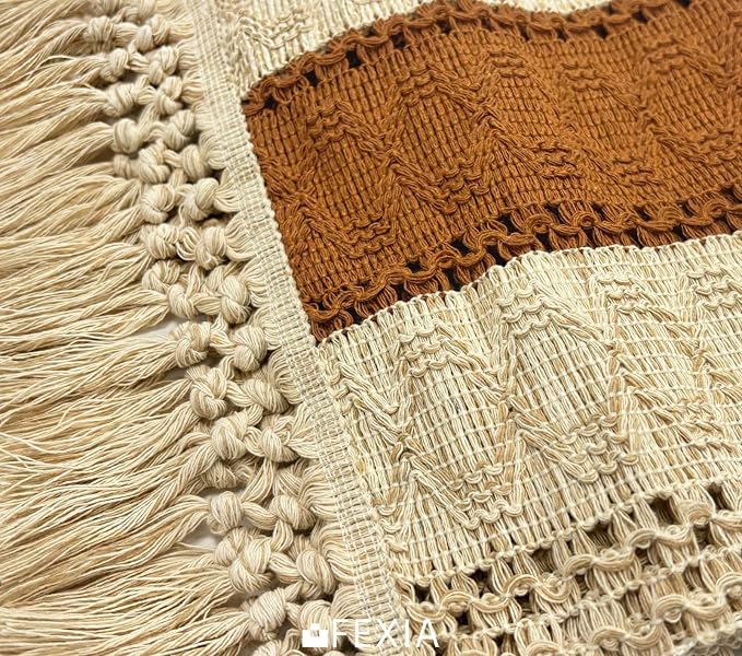 FEXIA Boho Table Runner for Home Decor with Tassels 108 Inches Long,Caramel Farmhouse Rustic Table Runner Macrame Burlap Table Decoration for Living Room Bridal Shower(12x108 Inches)