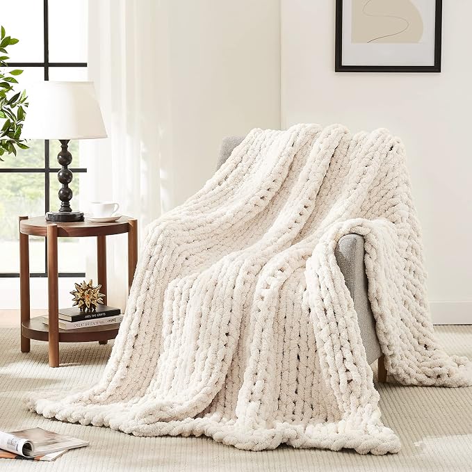 L'AGRATY Chunky Knit Blanket Throw,Soft Chenille Yarn Throw Blanket 50x60,Handmade Cable Knit Crochet Blanket,Large Knit Blankets Chunky Yarn,Rope Knot Throw Blanket for Couch Sofa Bed Home Decor