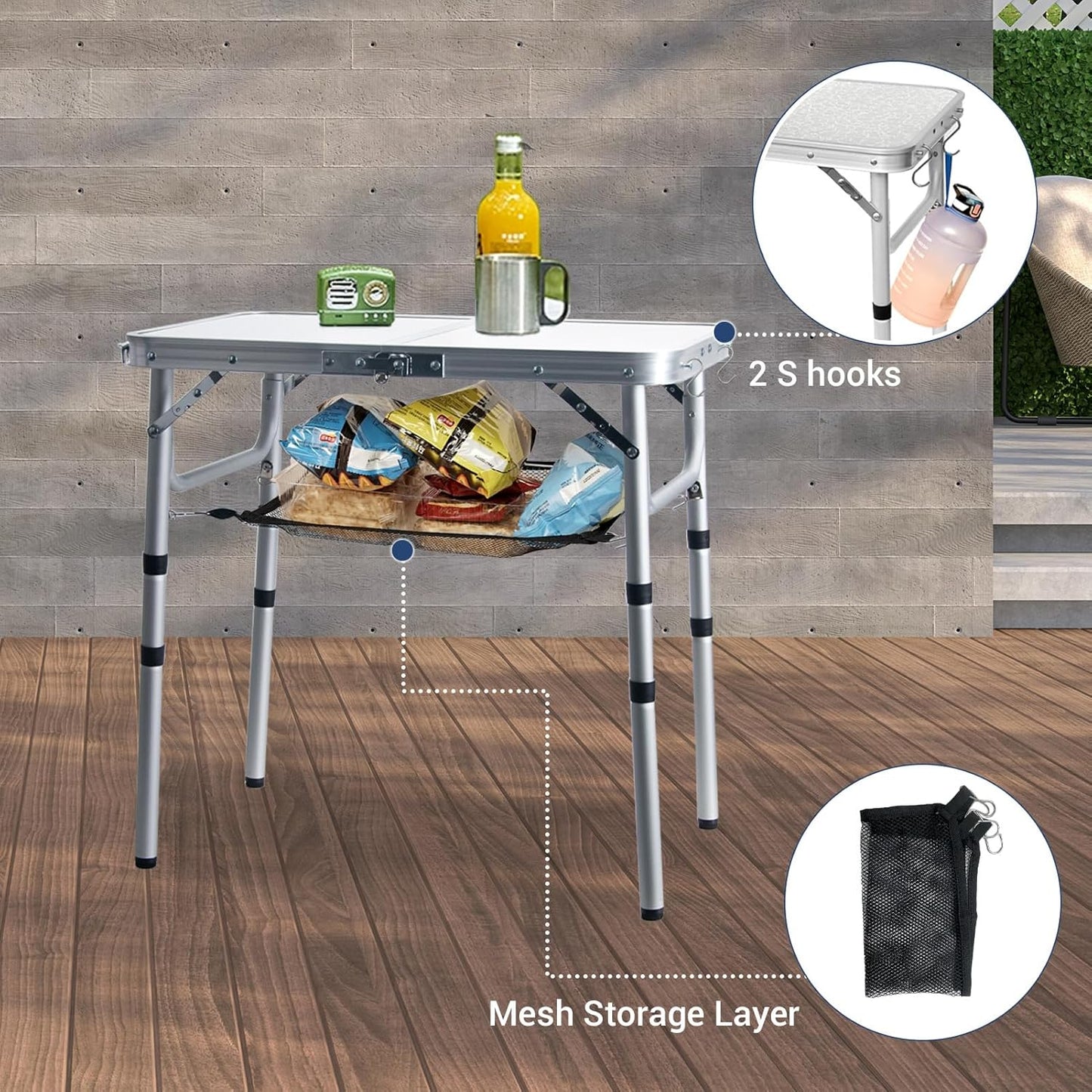 Small Folding Table 2FT Lightweight Portable Aluminum Camping Table for Picnic and Camping Mini Foldable with Adjustable Extended Height,Silver