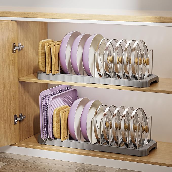 MUDEELA Pots and Pans Organizer under Cabinet, Expandable Rack with Pot Lid Holder and 12 Adjustable Dividers, Pan Organizers inside Cabinet for Kitchen Organization, Cutting Boards, Baking Sheets