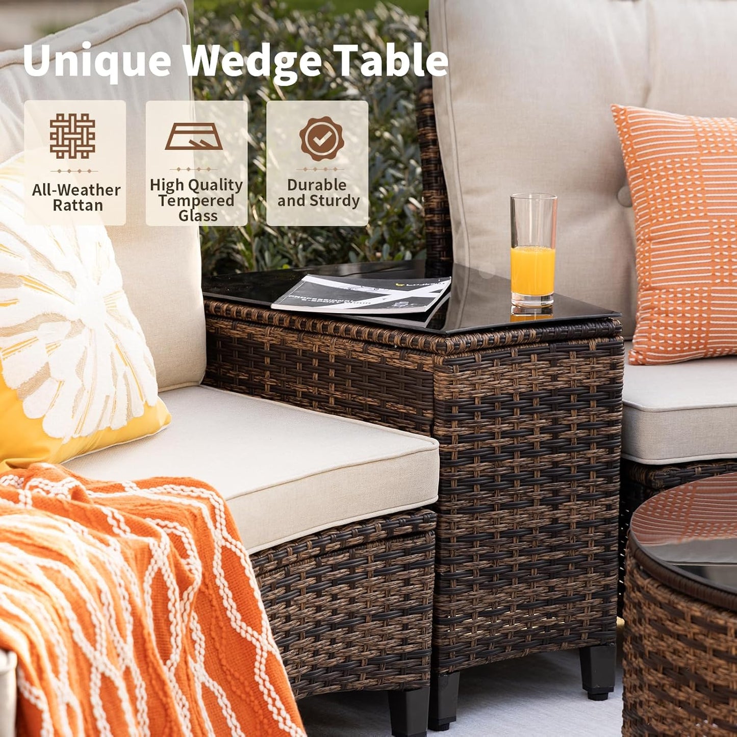 9 Piece Outdoor Patio Furniture Set, Half-Moon Curved Sectional Set with Wood Armrests, Patio Conversation Set, Tempered Glass Coffee & Side Tables(Brown)