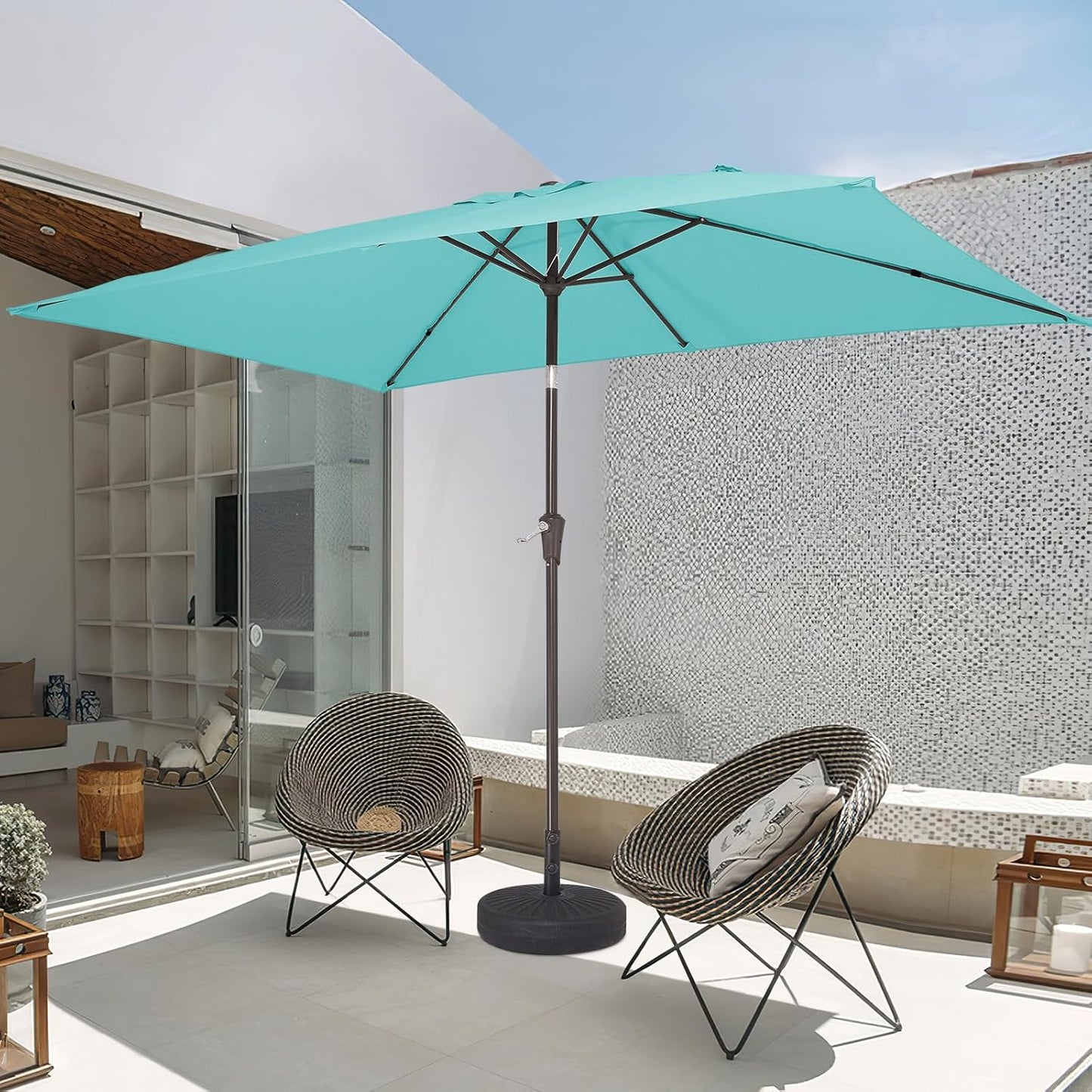 JEAREY 6.5x10 ft Rectangular Patio Umbrellas Outdoor Market Umbrella with Push Button Tilt and Crank, Rectangle Table Umbrella 6 Sturdy Ribs UV Protection for Pool Garden Backyard Deck, Peacock Blue