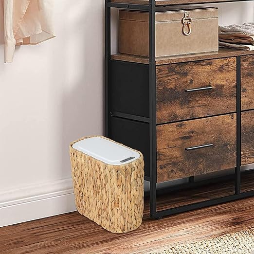 Trongee Boho Kitchen Trash Can with Lid,3.5 Gallon Automatic Small Rattan Trash Can,Slim Wicker Motion Sensor Garbage Can and Hamper 2 in 1 for Bathroom,Narrow Waste Basket for Office, Living Room