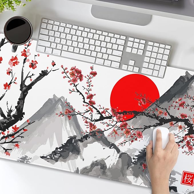 Extended Gaming Mouse Pad XL,White Japanese Cherry Blossom Large Mouse Mat Desk Pad, Extended Stitched Non-Slip Rubber Edges Mousepad 31.5 X 11.8 Inch