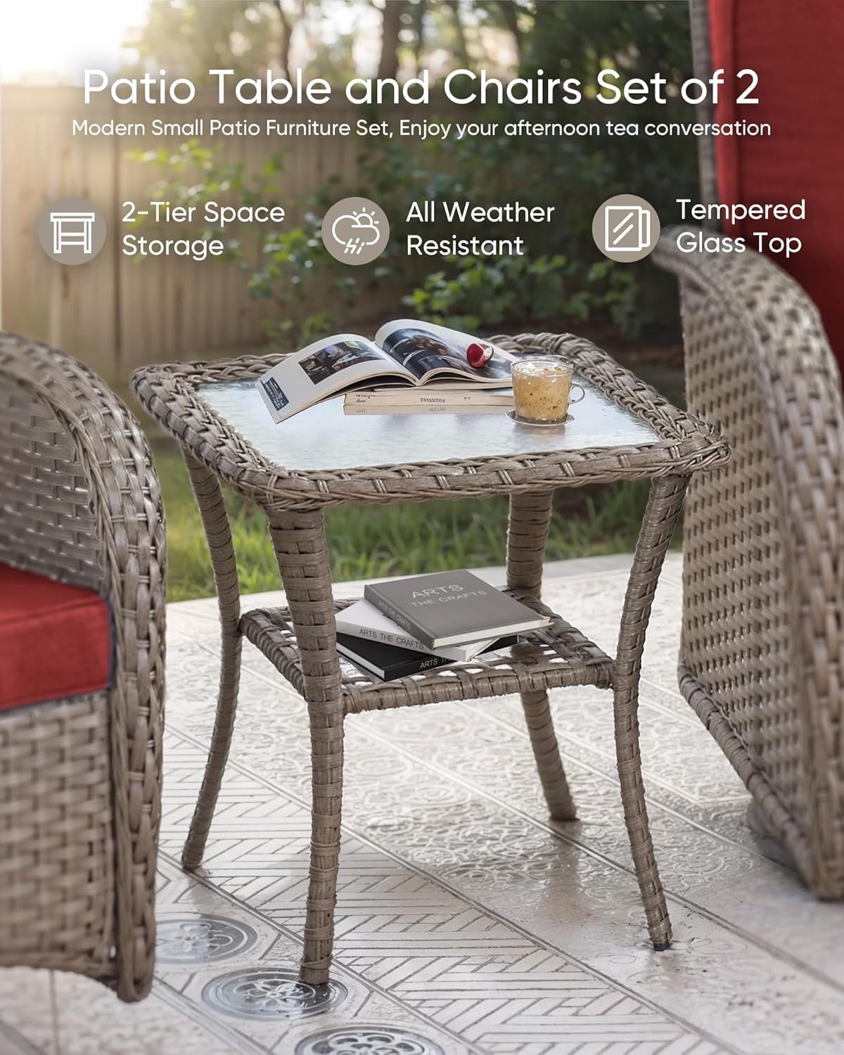 HUMMUH 7 Pieces Outdoor Furniture Set-All Weather Wicker Rattan Couch with Outdoor Rocking Chair Patio Furniture for Deck Lawn Porch Balcony Poolside-Grey/Red