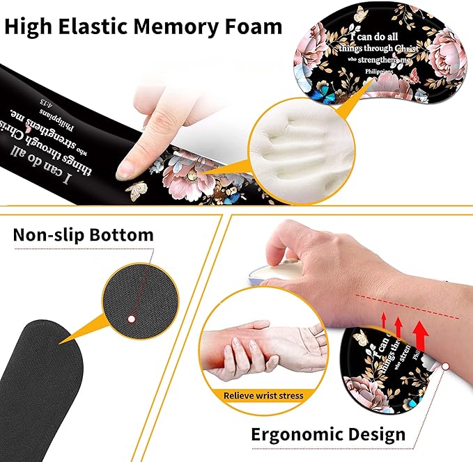 Extended Large Mouse Pad Set 31.5 x 15.7 β Christian Floral All-in-One Desk Set with Keyboard Wrist Rest, Mouse Wrist Rest & Coaster, Ergonomic Desk Accessories for Women, Faith-Inspired Office Gift