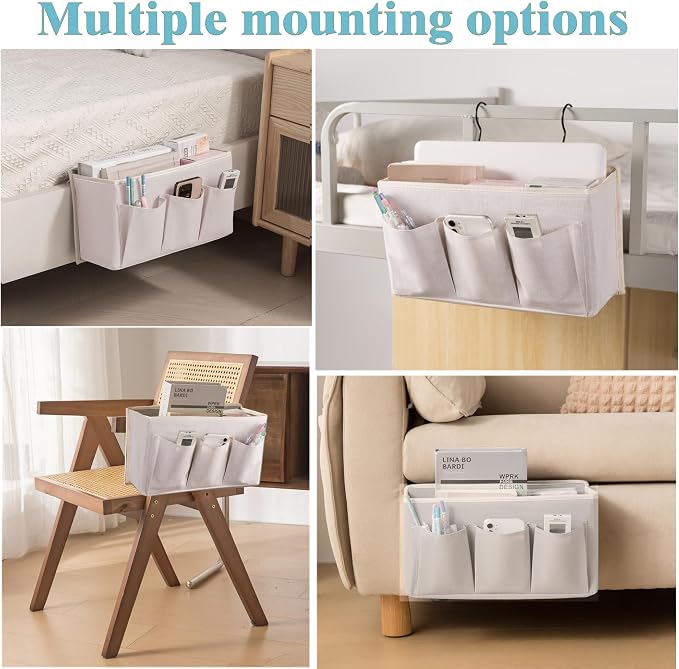 Bedside Caddy / Bedside Storage Organizer Hanging Bag with Three Options,Suitable for home beds, sofas, and dormitory beds—can hold magazines, books, phones, iPads, remote controls. (2-Pack White)