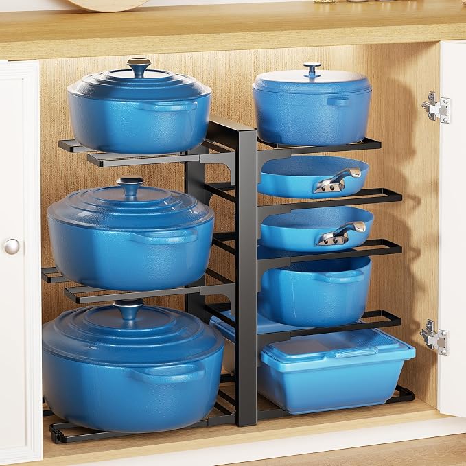 LAMU Pots and Pans Organizer Organizer under Cabinet 15.83" Height, 8 Adjustable Tier Heavy Duty 120LB Pot and Pan Organizer Rack inside Cabinet for Cast-iron Pan, Heavy Skillets Griddle, Shallow Pot