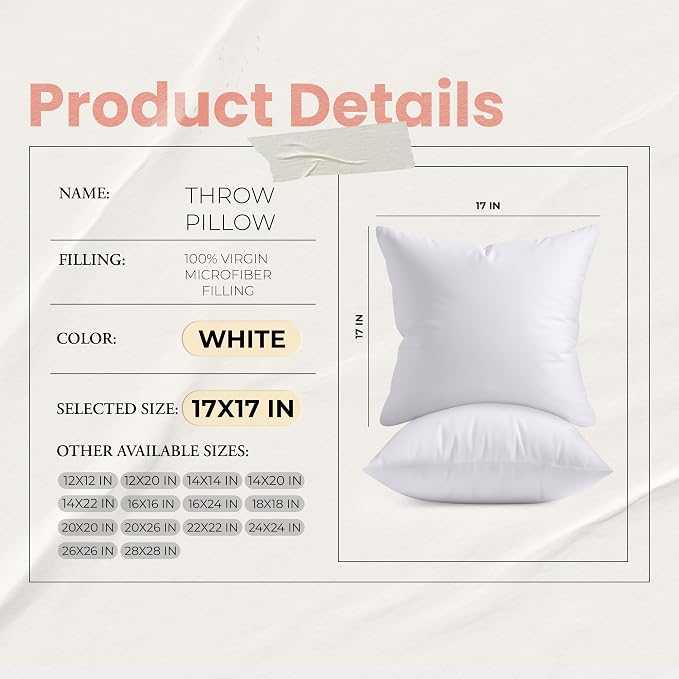 Utopia Bedding 17x17 Pillow Inserts, Set of 2, White – Indoor Decorative Throw Pillows for Bed, Sofa & Couch – Soft, Supportive & Fluffy Cushion Inserts