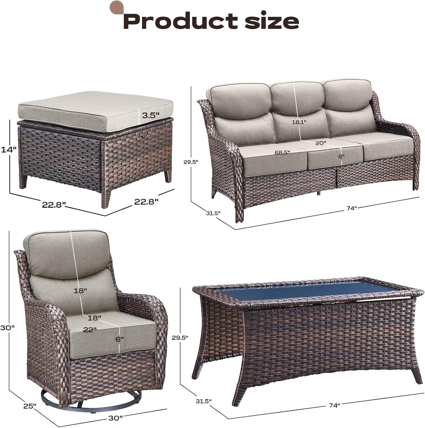 Wicker Outdoor Patio Furniture Set - 6 Piece Patio Conversation Sets with Swivel Rocker Chairs, Ottomans, Sofa and Coffee Table, 6 inch Cushions, Deep Seating, for Porch Deck Brown/Beige