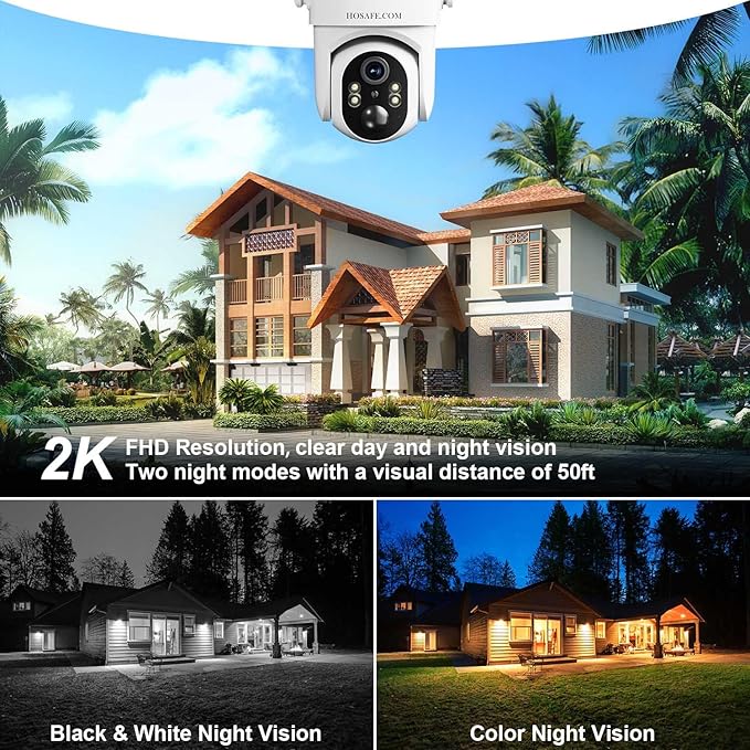 HOSAFE.COM Solar Security Cameras Wireless Outdoor, 360° PTZ Remote Cameras for Home Security Solar Powered, 2K 3MP Security Camera Outdoor Wireless, Free Cloud Storage(Need Apply)