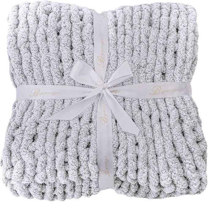Bigacogo Chunky Knit Throw Blanket for Couch, 40x80 inches, 100% Hand Knitted with Thick Jumbo Chenille Yarn, Cozy Soft Large Rope Knot Cable Crochet Blankets for Sofa Bed Living Room, Light Grey