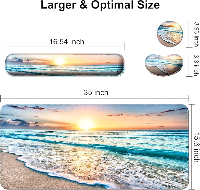 Keyboard Wrist Rest + Mouse Pad with Wrist Support + Desk Mat + Coaster 4 in 1 Set, XXL Large Gaming Mousepad Cute Ergonomic Mouse Pads for Desk Computer Laptop Office Decor-Beach