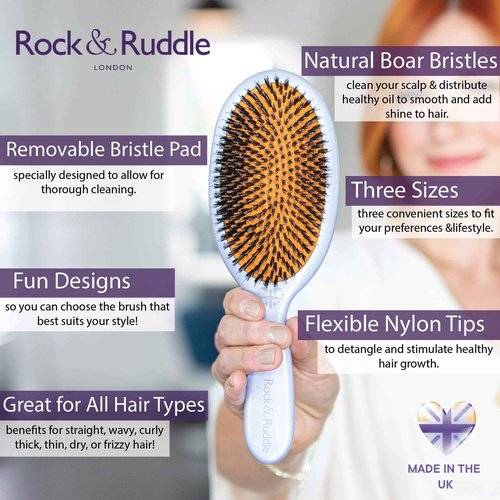 Rock & Ruddle Natural Mixed Boar Bristle Hair Brush for Women and Kids (Large, 21 cm) - Perfect for Wet or Dry Hair, Detangling Smoothing Blowdrying - Designed & Made in UK - Gold Design