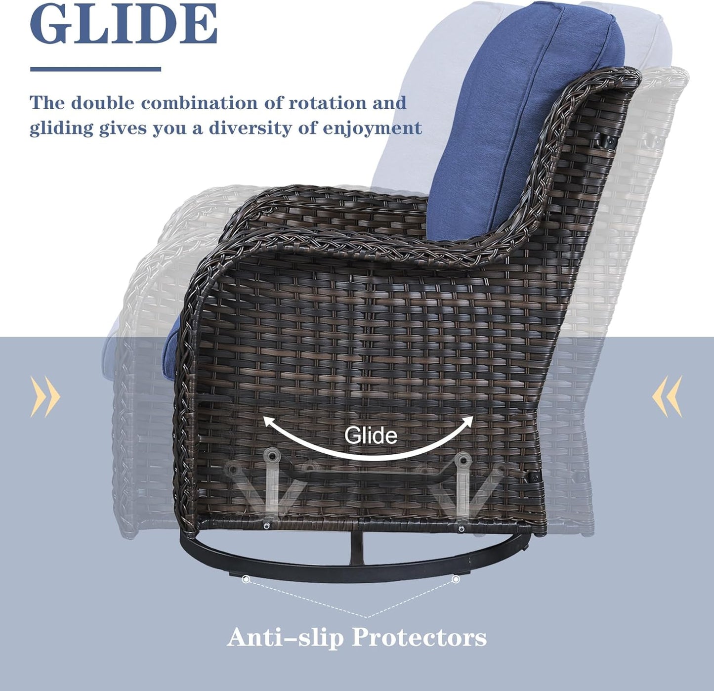 Wicker Outdoor Furniture Patio Furniture Set - 6 Piece Patio Conversation Set with Swivel Rocker Chairs, Rattan Sofa, Ottomans and Coffee Table, Blue Cushion