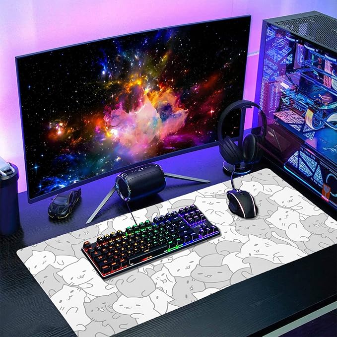 Kawaii Cats White Gaming Mouse Pad XXL Cute Kittens Japanese Extended Big Large Desk Mat Non-Slip Rubber Base Stitched Edge Long Keyboard Mousepad for PC Computer Laptop, 35.4×15.7 Inches