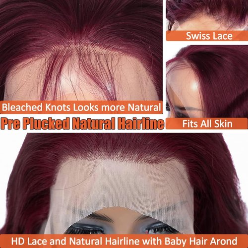 99j Burgundy Lace Front Wigs Human Hair Pre Plucked 13x6 Lace Frontal Human Hair Wigs for Black Women Body Wave Glueless Human Hair Wig 180% Density Pre Plucked Bleached Knots with Baby Hair (20 Inch)