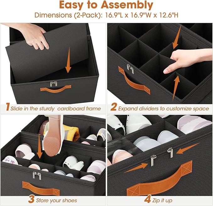 4-PackShoe Organizer for Closet, Foldable Shoe Storage Box with Adjustable Dividers & Clear Cover, Fits 32 Pairs, Black, Durable and Space-Saving