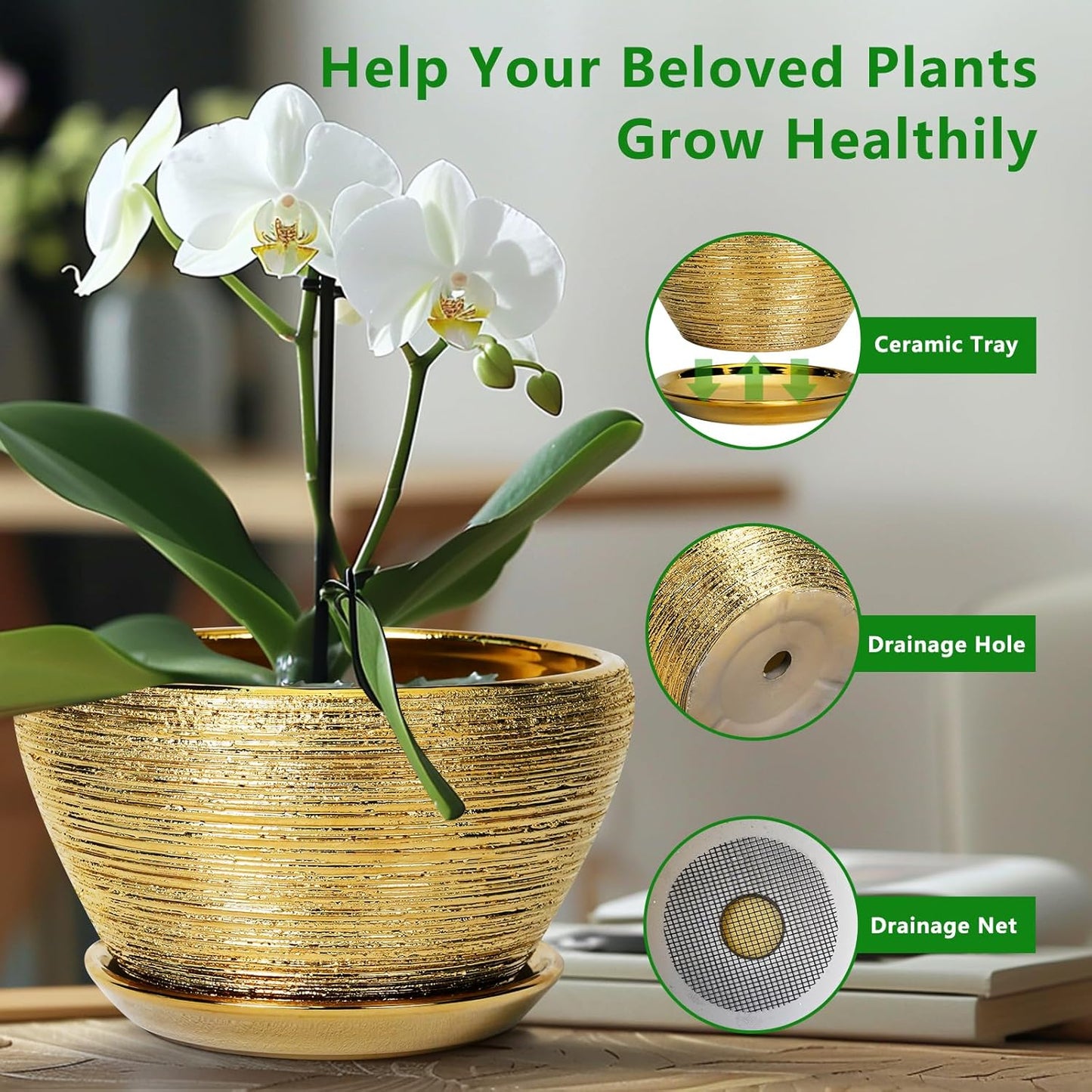 Ceramic Planter 11 Inch - Indoor Plant Pot with Drainage Hole and Saucer Large Planter for Outdoor Plants Mid-Century Decorative Flower Pot for Home Decor Gold