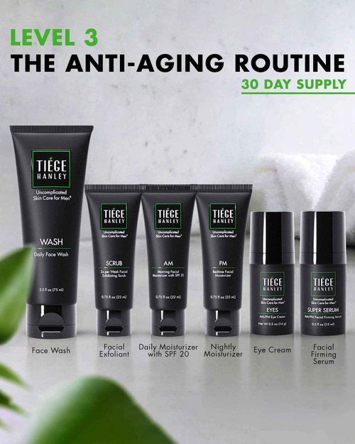 Tiege Hanley Skin Care Set for Men, Anti Aging Routine, System Level 3, Daily Face Wash, Facial Scrub, Two Moisturizers, Eye Cream, and Serum for Healthy, Hydrated Skin, Men’s Skin Care, 6 Piece Kit
