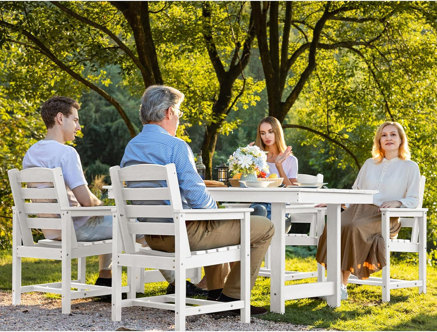 SERWALL Patio Table Set, Outdoor HDPE Dining Set with Umbrella Hole, 5-Piece - Table and 4 Chairs, All Weather for Lawn, Garden, Poolside, White