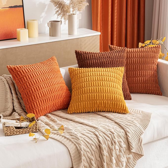 MIULEE Pack of 2 Dark Rust Corduroy Decorative Euro Sham Pillow Covers 22x22 Inch Soft Boho Striped Throw Pillow Covers Modern Farmhouse Home Decor for Summer Sofa Living Room Couch Bed