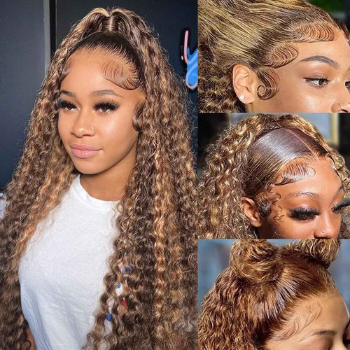 Aimking 13x6 Highlight Ombre Lace Front Wig Human Hair Wigs For Women 180% Density 4/27 HD Deep Wave Lace Frontal Wigs Curly Honey Blonde Wig Human Hair With Colored (22 Inch)