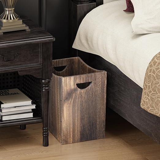 5 Gallon Wooden Trash Can Curved Design Office Waste Basket, Rectangular Farmhouse Garbage Can, Brown Vintage Wood Trash Can Storage Basket With Handles for Bedroom Office Living Room Decorative