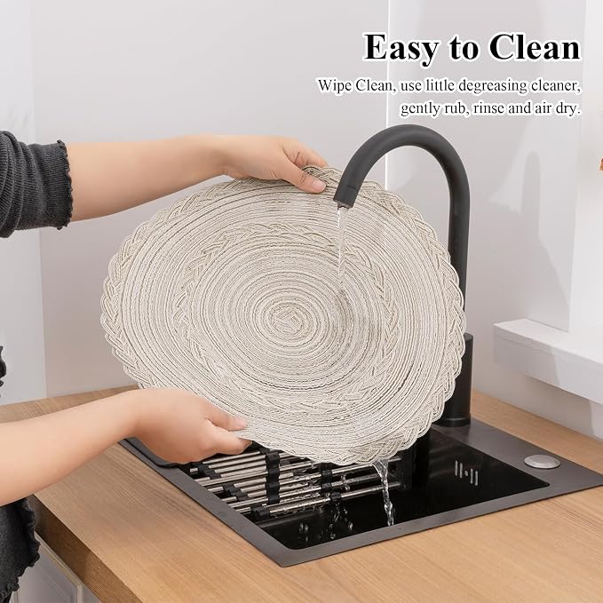 SHACOS Boho Round Placemats Set of 8 Braided Border Round Place Mats 15 inch Washable Dining Table Mats for Home Wedding Holiday Party (Ivory Bordered, 8)