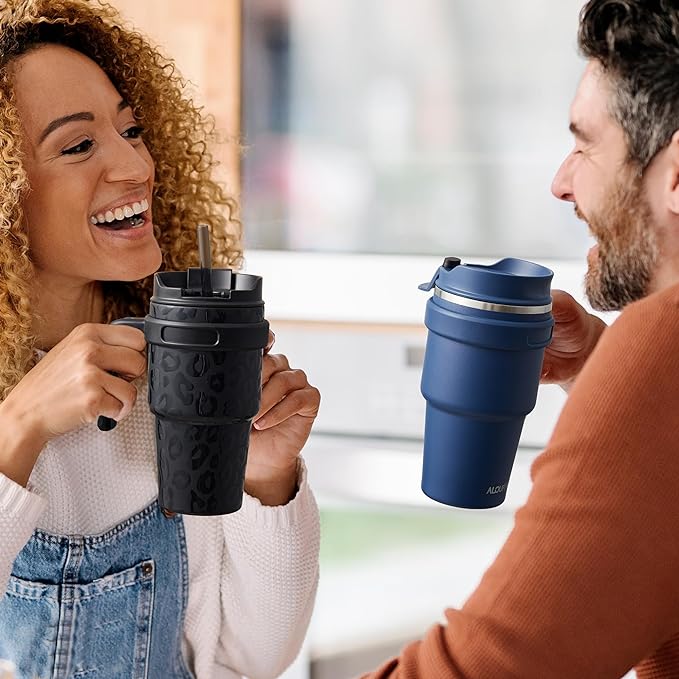 20 oz Insulated Coffee Mug Tumbler with Handle, Stainless Steel Travel Mug Tumbler with Lid and Straw,Double Wall Vacuum Leak Proof Ice Coffee Thermal Cup, Navy and Army Green