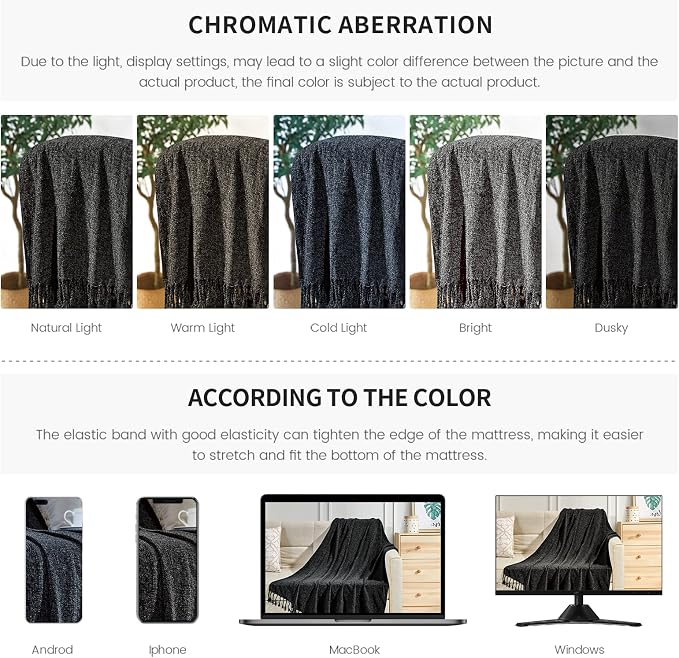 BOURINA Chenille Fluffy Throw Blanket with Decorative Fringe for Couch Cover Sofa Chair Blanket(50×60 Inches) Black