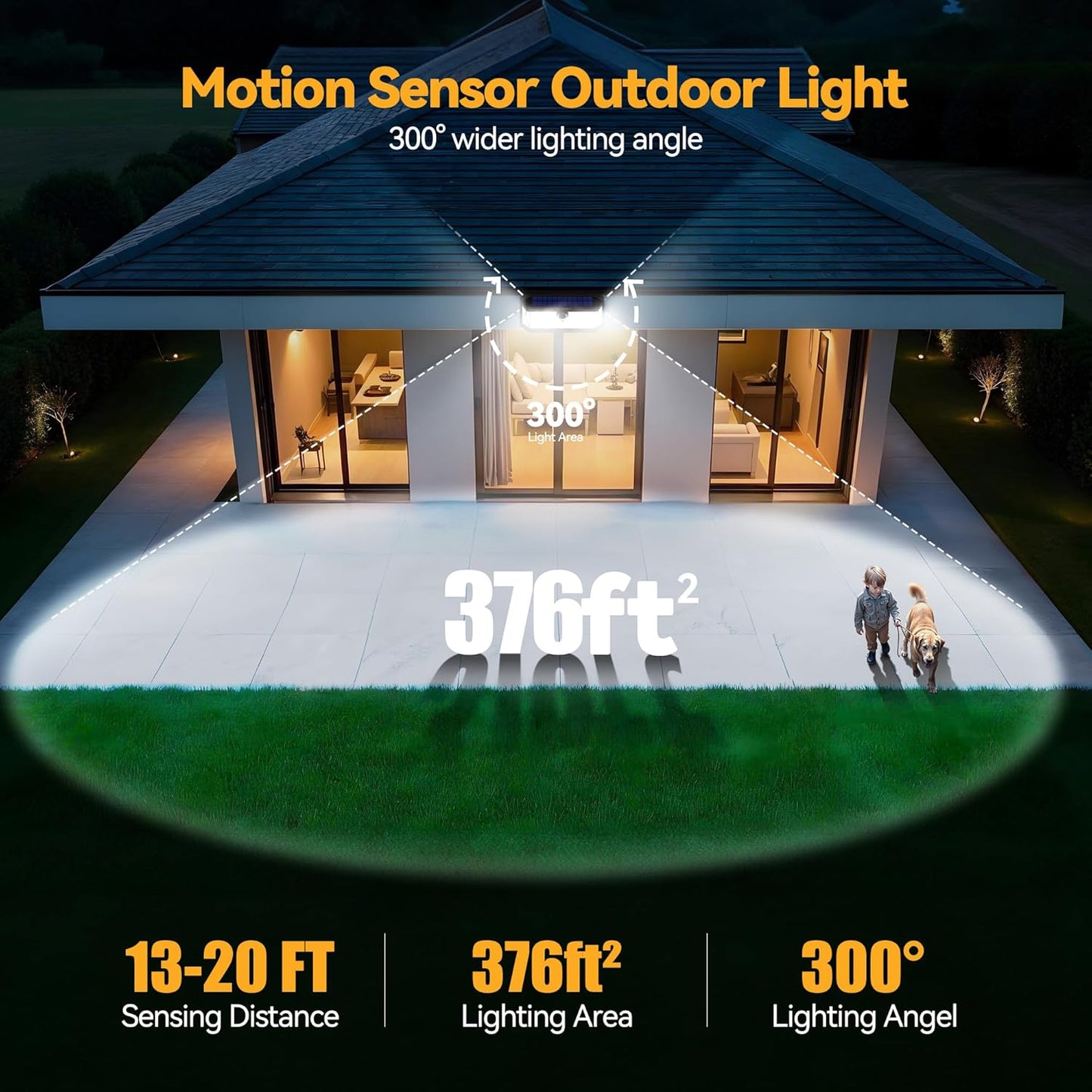 TECKNET 4200Lm 416 LED Solar Lights Outdoor Waterproof, 300° Angle & 3 Lighting Modes Motion Sensor Outdoor Lights, 2 Pack Security Solar Light IP66 for Fence Front Door Yard - 1 Pack