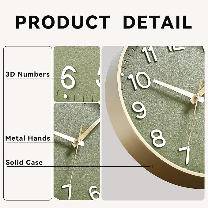 Roymnie Wall Clock 12 Inch Silent Green Wall Clocks Battery Operated- Modern Non Ticking Analog Clock Decorative for Living Room Bedroom Office Kitchen(Gold)