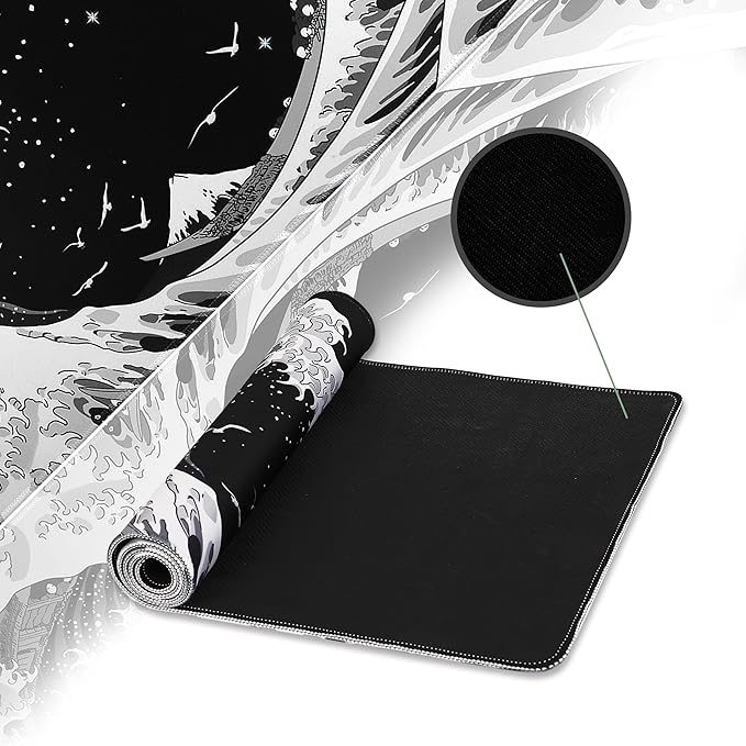 MEWOOCUE® Gaming Mouse Pad for Desk,Large Sea Wave Mousepad Laptop,Black White Japanese Anime Mouse Mat,Long XXL Waterproof Keyboard Pads,Big Non-Slip Mouse Pads for Game Office Home(31.5 x 11.9 in)
