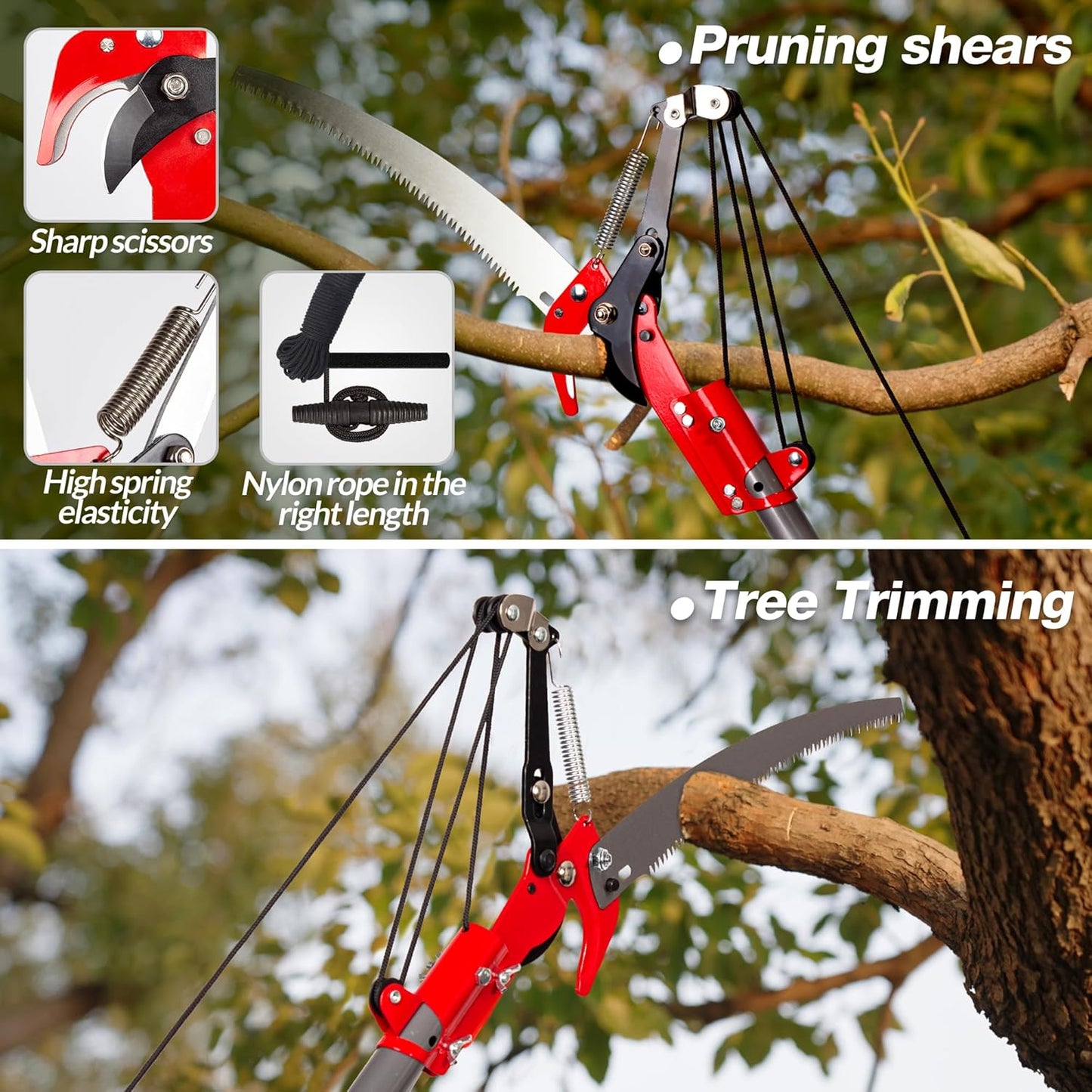 Suchtale 14ft Pole Saw, Manual Tree Pruner with Sharp Steel Blade, Trimmer with Scissors and High Strength Lightweight Handles for Pruning High Branches, Shrubs and Twigs at Forest Yard Garden Patios