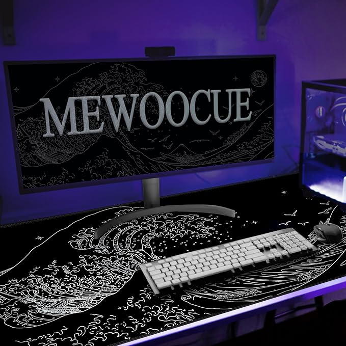 MEWOOCUE® Large Gaming Mouse Pad for Computer,Black Japanese Sea Wave Anime Mouse Mat,Long XXL Waterproof Keyboard Pads,Big Non-Slip Mouse Pads for Game Office Home(47.2 x 23.6 in)