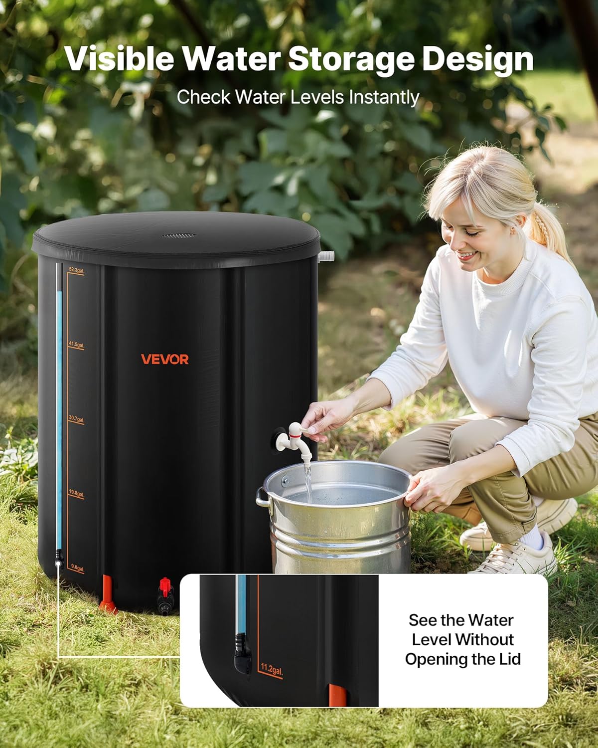 VEVOR Collapsible Rain Barrel, 53 Gallon Portable Rain Water Collection Barrel, 1000D PVC Rainwater Collection System, Garden Water Catcher Tank Storage Container with Spigot & Overflow Kit, Black