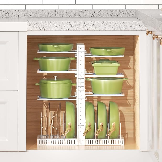 LAMU Pots and Pans Organizer under Cabinet, Pan Pot Organizers inside Cabinet with 6 Shelves and Pot Lid Organizer, Adjustable Height Up to 24", Holds up to 12 Pans, Lightweight Pots, White
