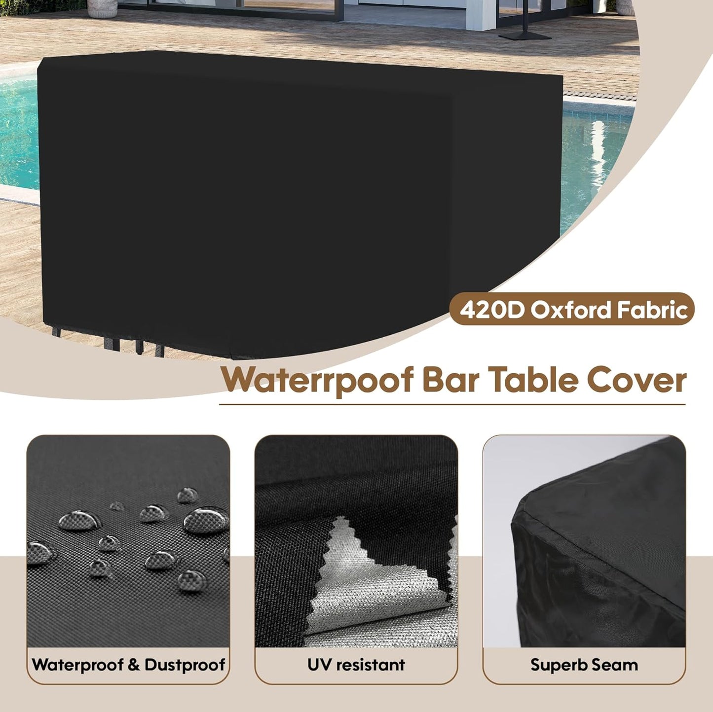 3Pcs Outdoor Patio Bar Set with Cover, 55" Rectangular Pub Height High Top Bar Table with 2 Cushioned Bar Stools, Metal Bar Table and Chairs Set for Outside, Patio, Balcony, Deck