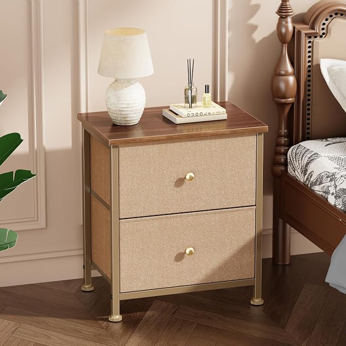 DUMOS Nightstand Small Dresser with 2 Fabric Drawers Side Tables Bedroom End Table Kids Bedside Storage Furniture for 20 inch Tall Night Stand for Closet, Entryway, College Dorm, Khaki 2Pack