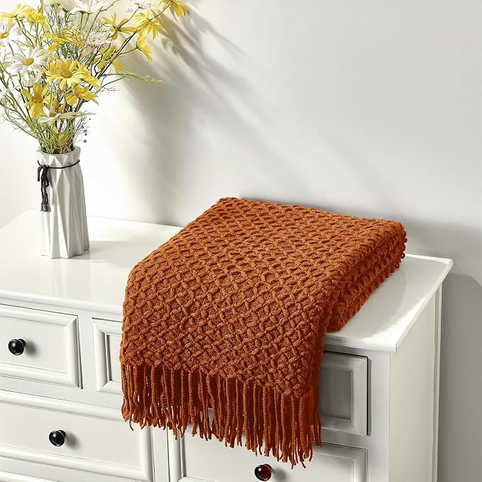 CREVENT Farmhouse Boho Knitted Throw Blanket for Couch Sofa Chair Bed Home Decoration, Soft Warm Cozy Light Weight for Spring Summer Fall (60''X80'' Caramel/Rust Burnt Orange)