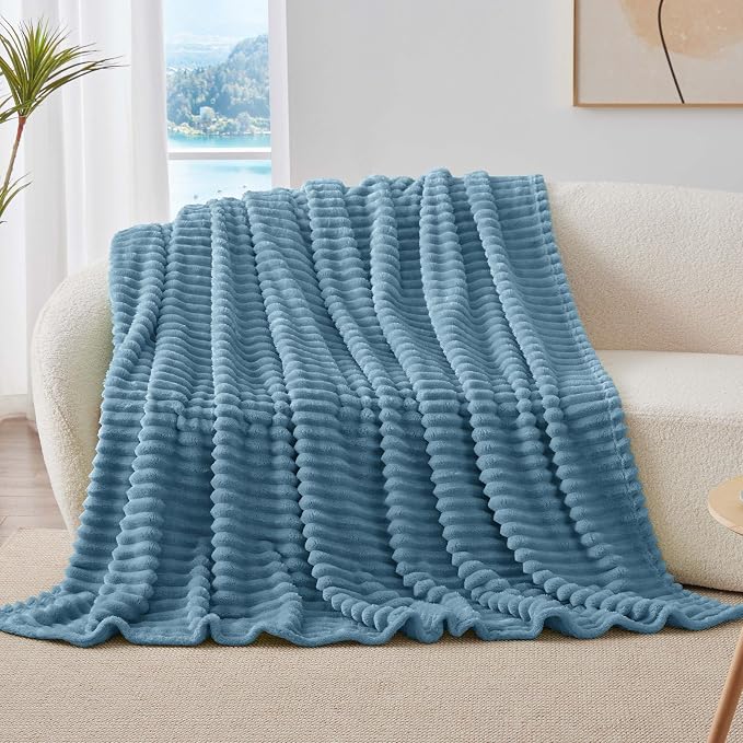 BEDELITE Fleece Throw Blanket for Couch - 300GSM Soft & Warm Fluffy Light Blue Blanket, Decorative and Giftable Striped Blankets for Women, Men, 50"x70"