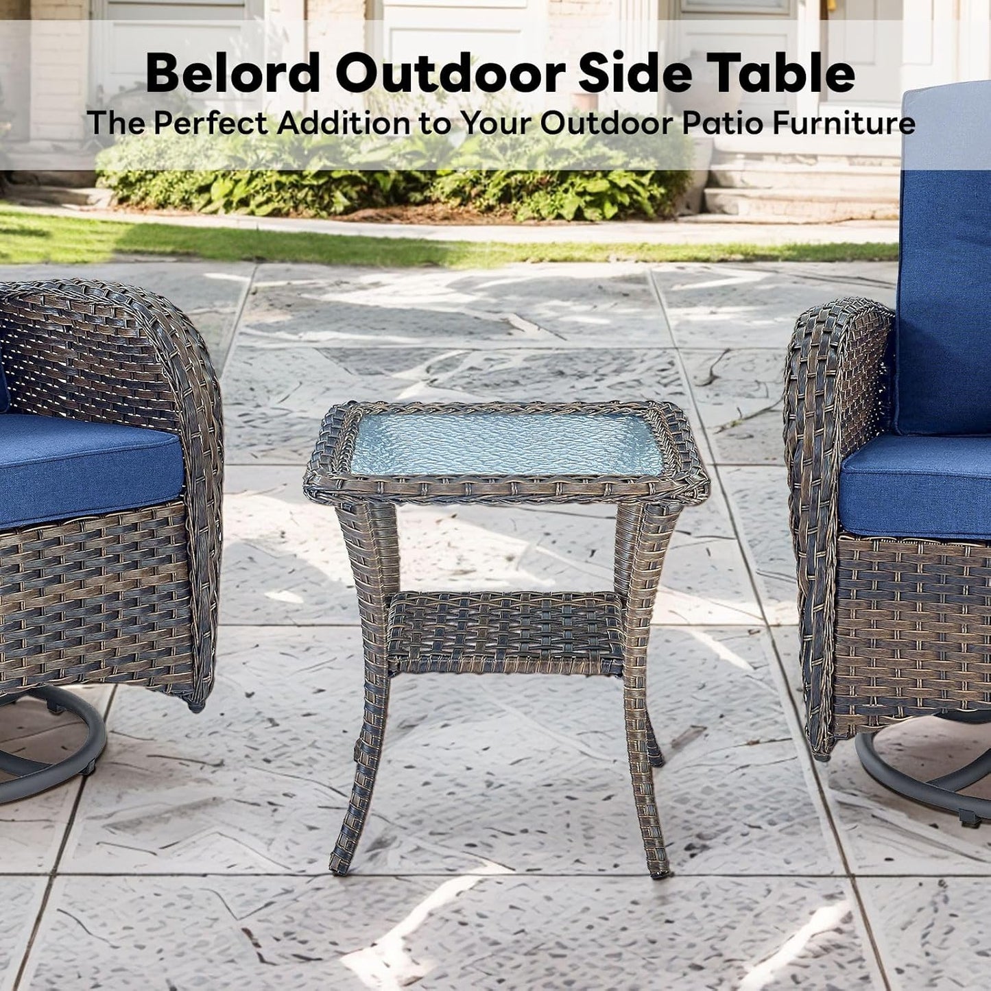 Handwoven Wicker Side Table - 20 Inch Small Outdoor Table 2 Tier Storage with Tempered Glass Top, All Weather Outdoor Patio End Tables for Deck Balcony Outside Brown
