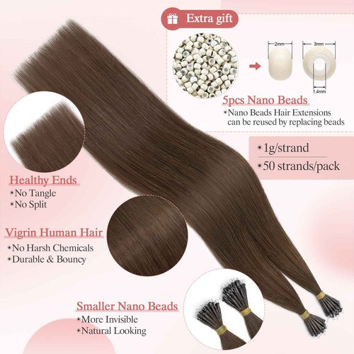 SEGO Pro 50pcs Nano Beads Hair Extensions Straight Nano Beads For Hair Pre-Bonded Seamless Nano Tip Real Human Hair,22Inch Dark Brown,50g