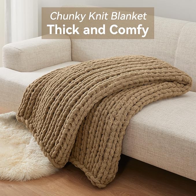 Negwoo Chunky Knit Throw Blanket, 30''*40'' Knitted Throw Chenille Yarn for Bed Couch, Handmade Light Brown Crochet Big Thick Blanket, Machine Washable Cute Comfy Blanket for Home Decor