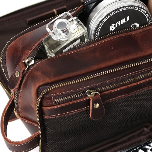 RC ROCKCOW Personalized Leather Toiletry Bag for Men Travel Shaving Dopp Kit-Large Cosmetic Bags Toiletries Bathroom Organizer